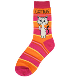 Catitude.  A spunky cat showing a middle-claw.  Pink-orange-yellow stripes.