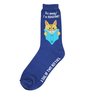 Great fun blue socks with a yellow cat reading a great book.  The title could be "A Tail of Two Kitties."