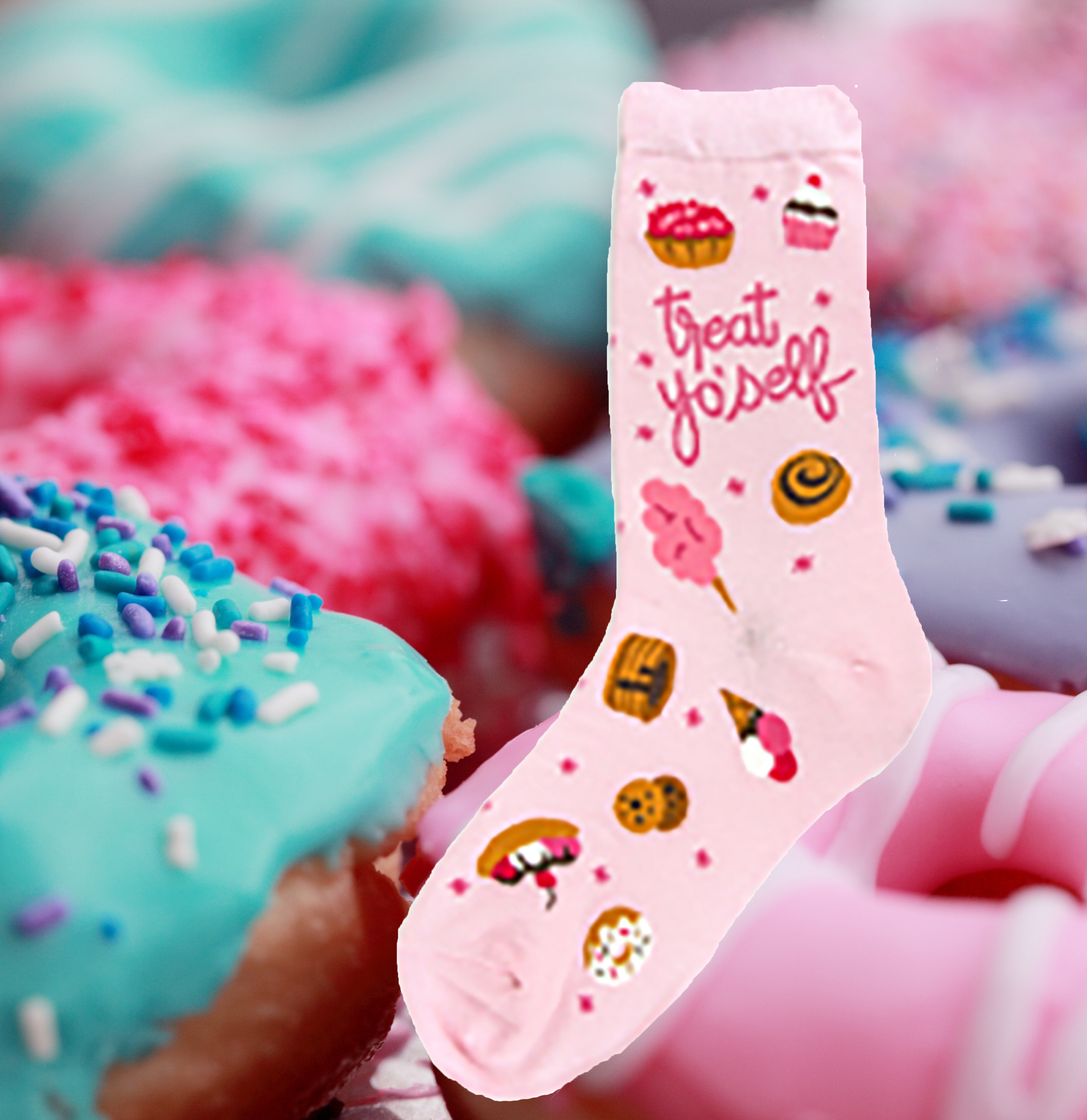 Pink socks with lots of deserts and "Treat Yo'Self."